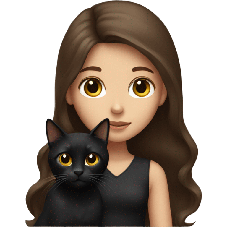 Girl with long brown hair holding a black cat emoji