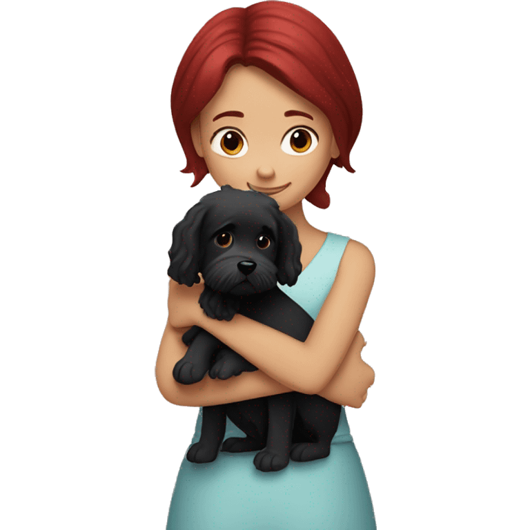 Dark red hair girl hugs  her maltese black dog emoji