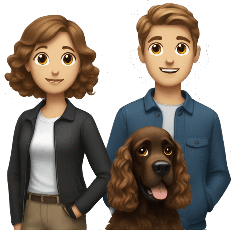 brown-haired girl and brown-haired boy with a black cocker spaniel emoji