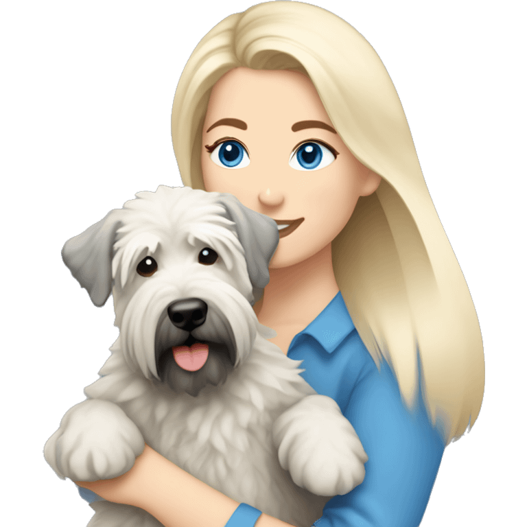 pretty woman blonde hair blue eyes hugging a white and gray soft coated wheaten terrier dog emoji