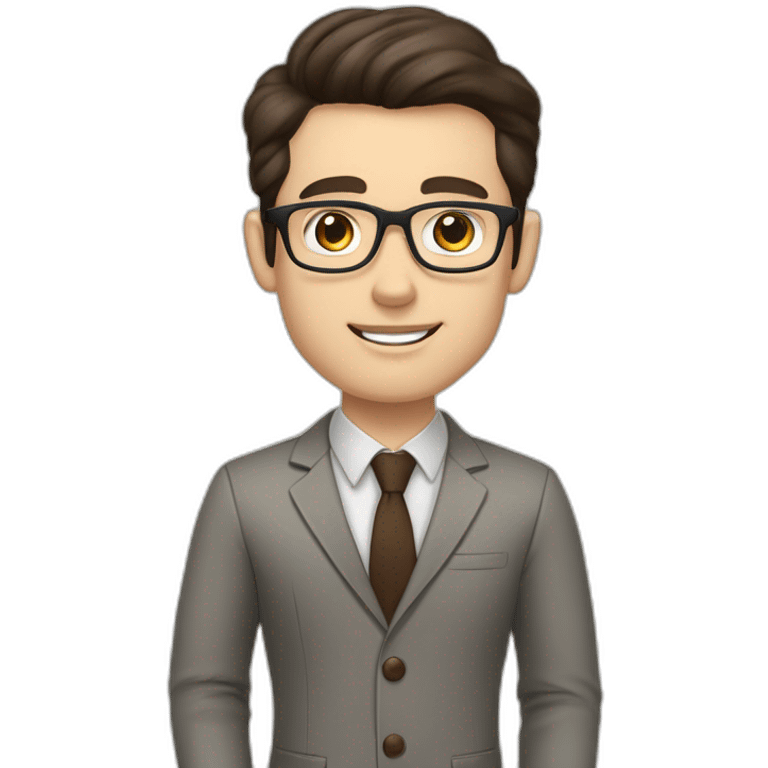 Pale skinned fit man with dark brown hair in gray jacket, beige office shirt, brown tie, brown pants and vintage glasses Writing on the marker board emoji