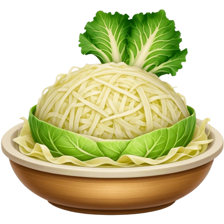 Cinematic Realistic Sauerkraut Dish Emoji, depicted as a tangy, fermented cabbage dish rendered with vibrant textures and natural, appetizing lighting. emoji