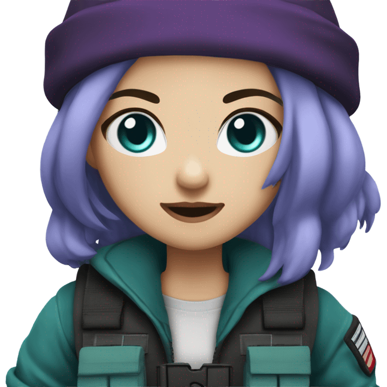 Girl, white skin, tactical vest, dark pants, long teal hair, blue eyes, black purple beanie hat, knife, black combat boots emoji