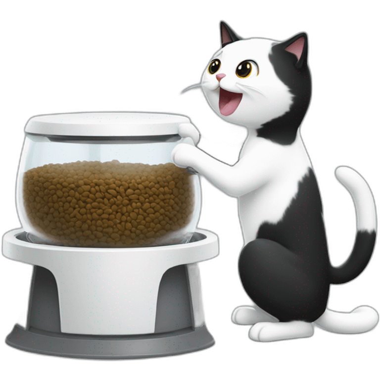 A black and white cat fighting with a pet feeder white machine emoji