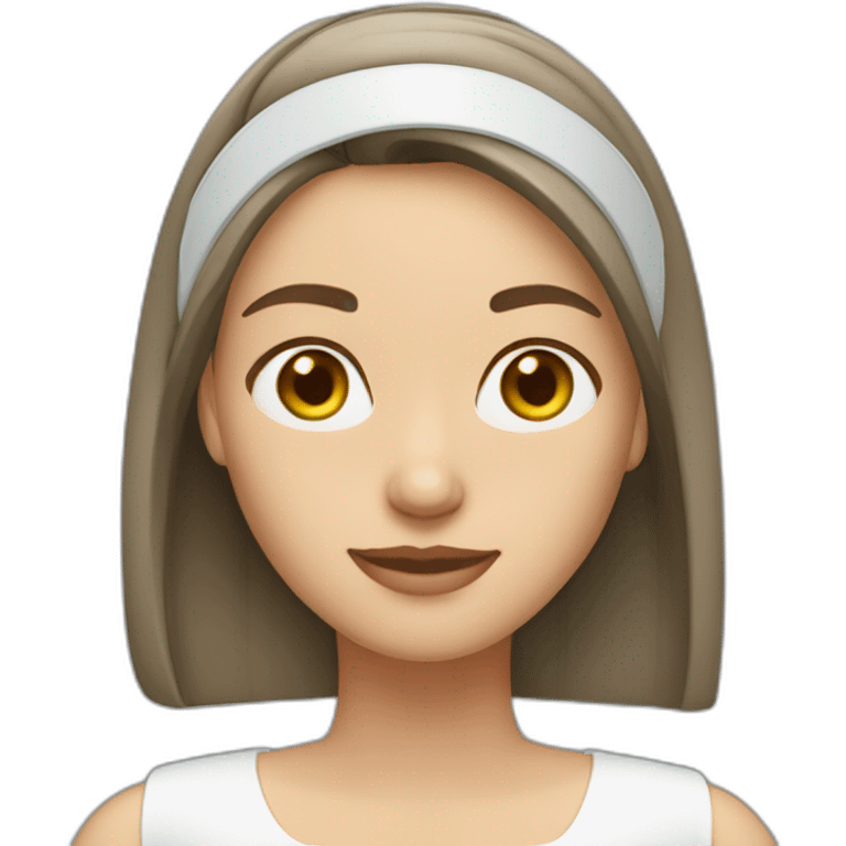 white brunette medium length straight hair woman with headband at a computer emoji