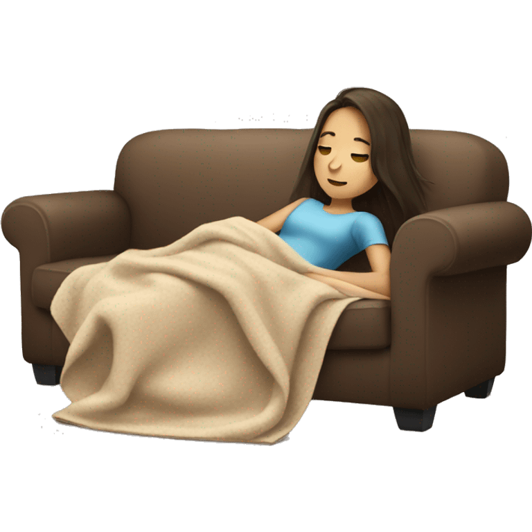 Brunette girl laying on the couch with a blanket around her emoji