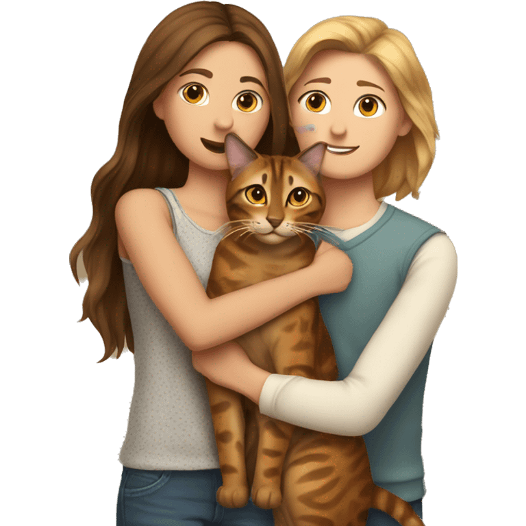 A man hugs a long brown-haired skinny hot woman and a bengal cat emoji