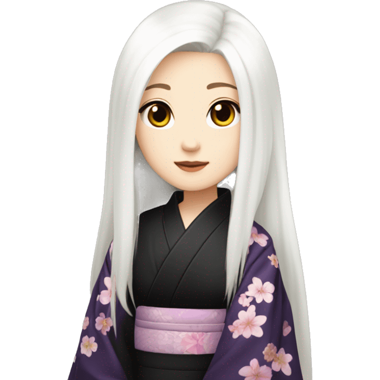 Beautiful japanese girl with long straight white hair and dark violet eyes, pale skin. Wearing a black kimono with pretty flowers emoji