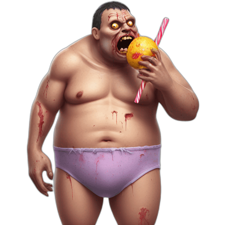 fat zombie in underpants eating a lollipop hyperrealistic emoji