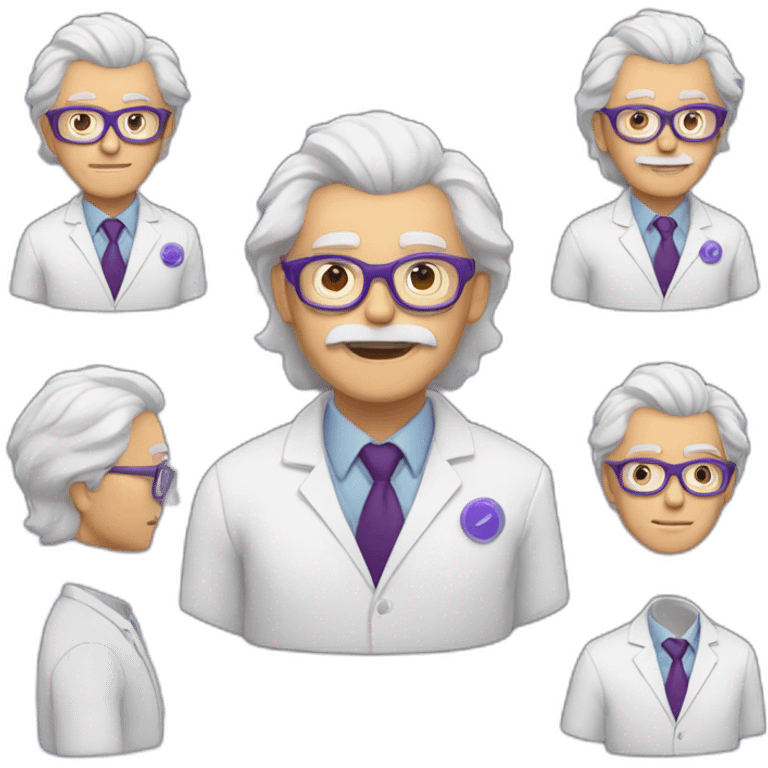 scientist with white coat (white mustache, white hair sweeping up from behind his ears, purple circle glasses) emoji