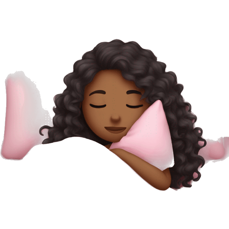 Dark hair girl with long curly hair sleeping with pink blanket and cute pillow emoji