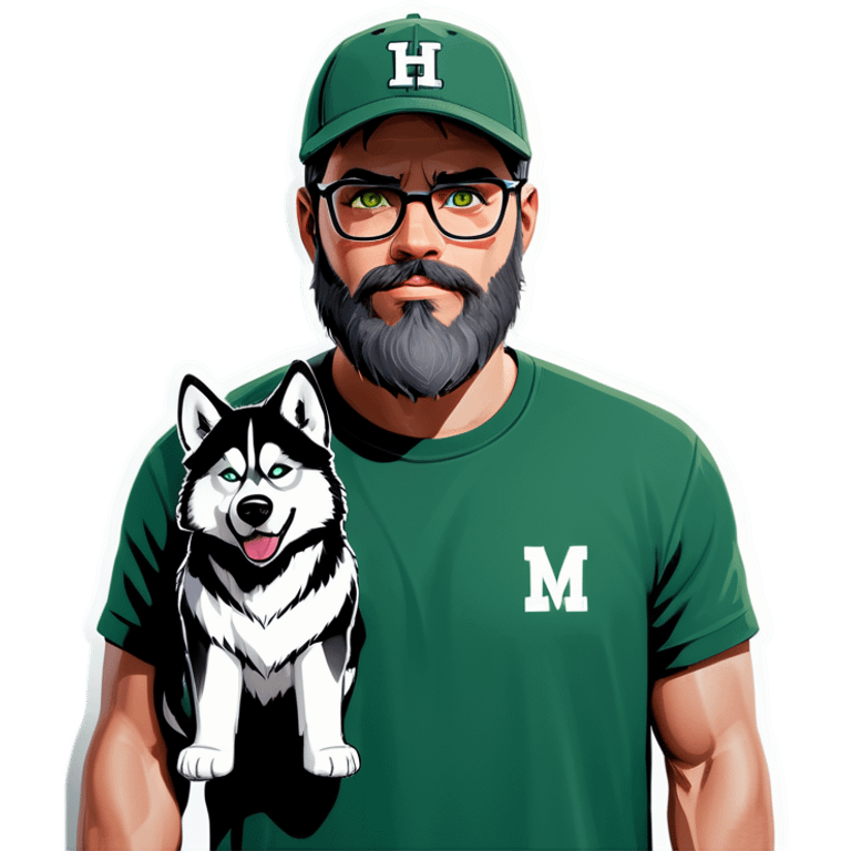 A bold man with a grey baseball cap, green eyes, big beard and glasses next to a husky dog emoji