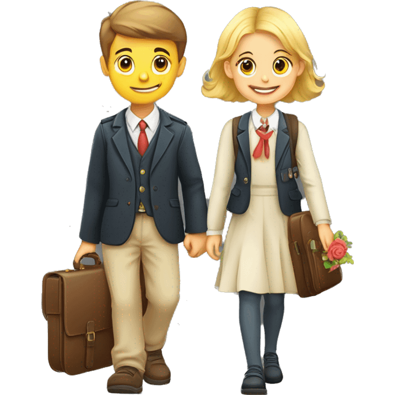 A boy and a girl, schoolchildren, go to school with briefcases and flowers on September 1, cartoon style, clipart emoji