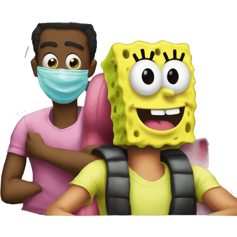 Create spongebob character with a shiesty mask with patrick in the car emoji