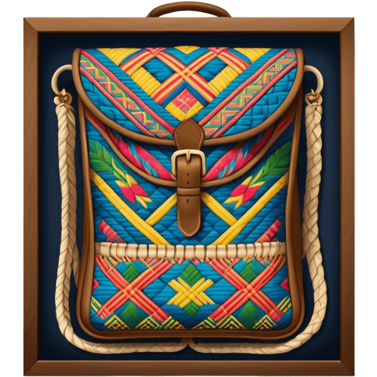 Cinematic Realistic image of a traditional Colombian mochila, rendered with detailed woven textures and vibrant patterns, set against a rustic backdrop with soft, cultural lighting emoji