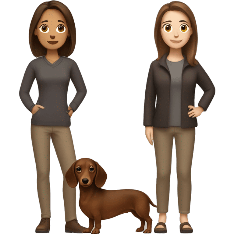 A woman with straight shoulder length brown hair holding a brown dachshund  emoji