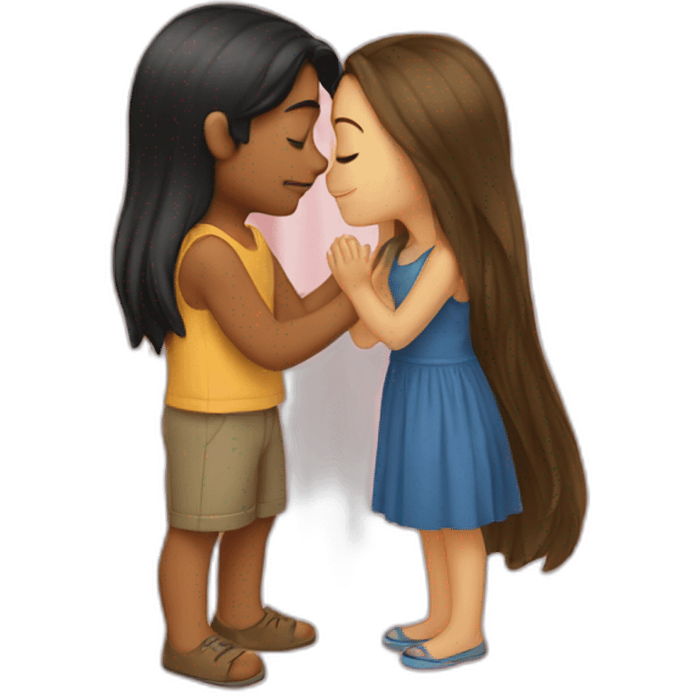 a boy with curtains kisses a girl with long hair. emoji