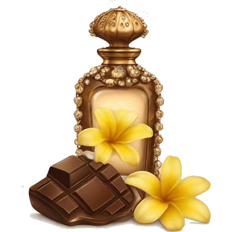 An antique perfume bottle with oil made of bronze and brown crystals, coconut cream and coffee milk flow, chocolate, yellow flowers of fragrant vanilla lie next to it emoji