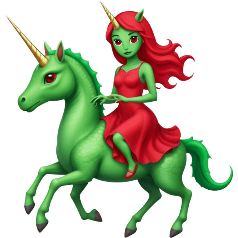 "reptilian green alien woman in red dress", rides unicorn
 emoji