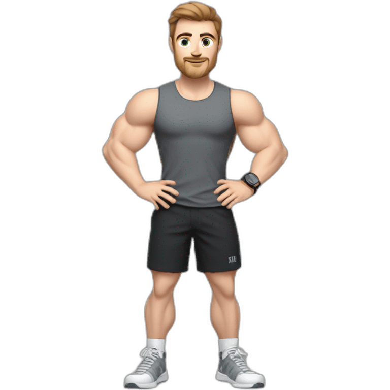 Close up Actively gesturing  with hands Pale skinned Fit Man With the biceps and brown hair in dark gray Sleeveless Mike, black oversize sports shorts, watch and white Sneakers emoji