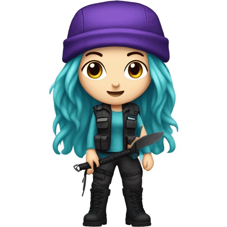 Girl, white skin, tactical vest, dark pants, long teal and purple hair, blue eyes, purple beanie hat, knife, black combat boots emoji