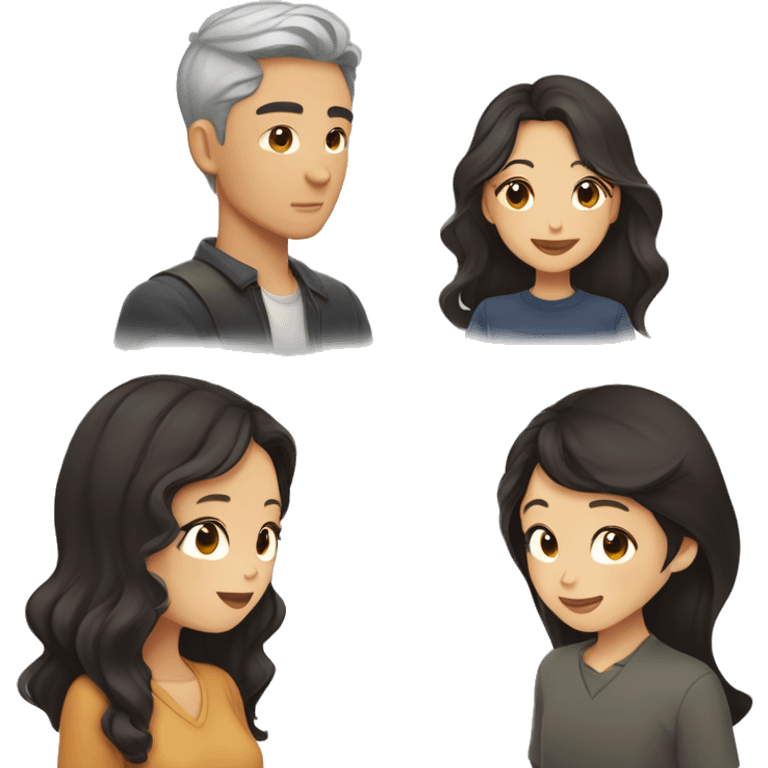 A half pale Asian man with short dark hair and amber eyes embracing and loving a half Asian woman with long wavy dark hair and dark hazel eyes. They love each other a lot And have good fashion taste. emoji