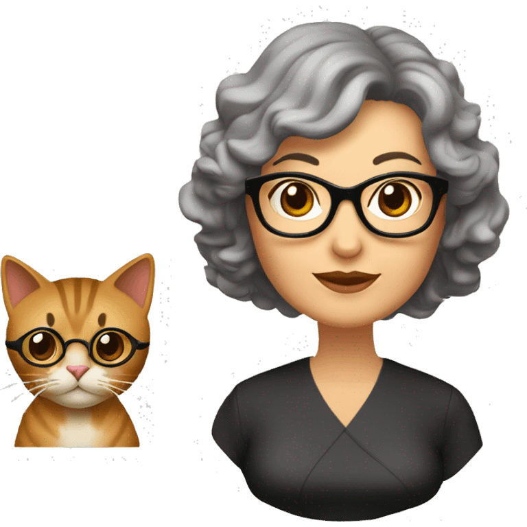 señora de mediana edad con pelo castaño con canas rizado corto y gafas de ojo de gato emoji