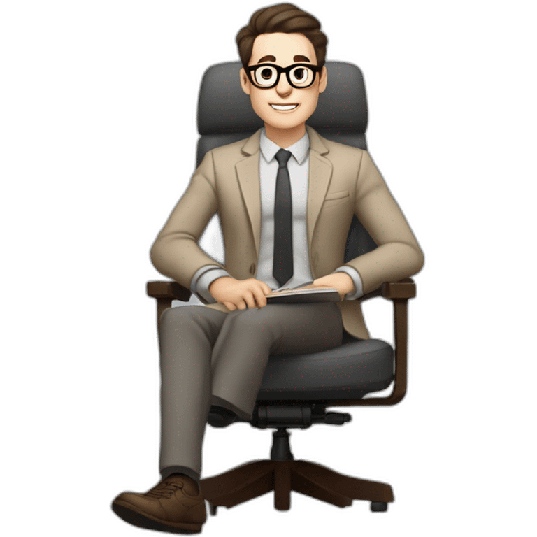 Pale skinned Fit Man With dark brown hair in gray jacket, beige office shirt, Brown pants and vintage glasses sitting In a soft chair with a notebook with emblem Ψ and a pen in his hands emoji