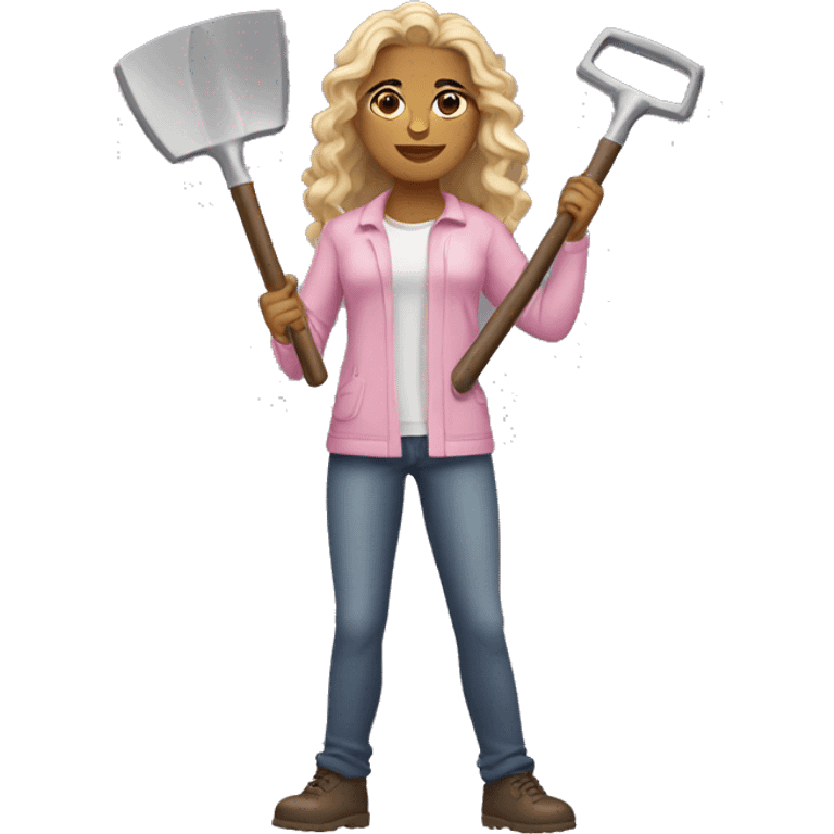 Woman holding gray shovel   skin pink light      hair long brown wavy emoji