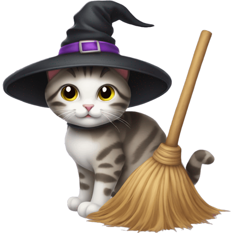 Cute cat with a witch hat and broom flying emoji