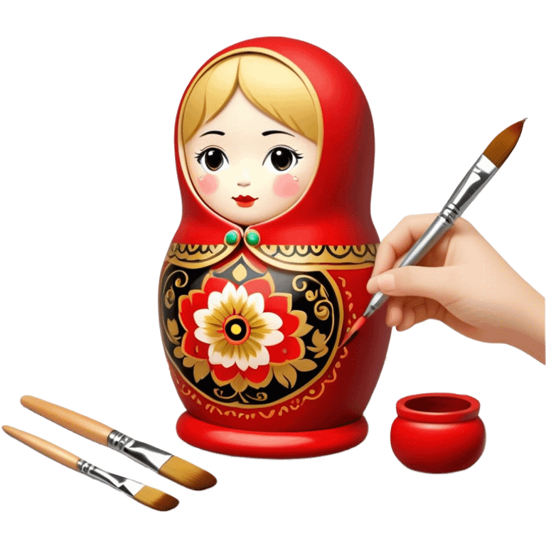 Wooden doll painting icon, traditional Russian Matryoshka doll being painted with intricate Palekh or Khokhloma designs, visible paintbrush, vibrant red, gold, and black colors, unfinished doll with detailed patterns in progress, minimalistic style, clean lines, transparent background. emoji