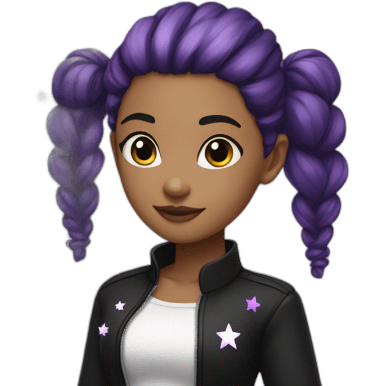 girl with black high twintails, black jacket and white top, purple stars in her hair emoji