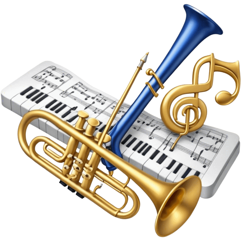 Create an elegant and refined emoji that represents orchestration and arrangement. The design should feature a musical score or sheet music with various orchestral instruments like a violin, a trumpet, and a grand piano subtly integrated into the composition. Add a conductor's baton, symbolizing the guiding hand of orchestration, and flowing musical notes that move between the instruments. Use rich, classic colors like gold, silver, and deep blue to evoke the sophistication of orchestral music. The background should be transparent, with a touch of intricate details to represent the complexity of orchestration. emoji