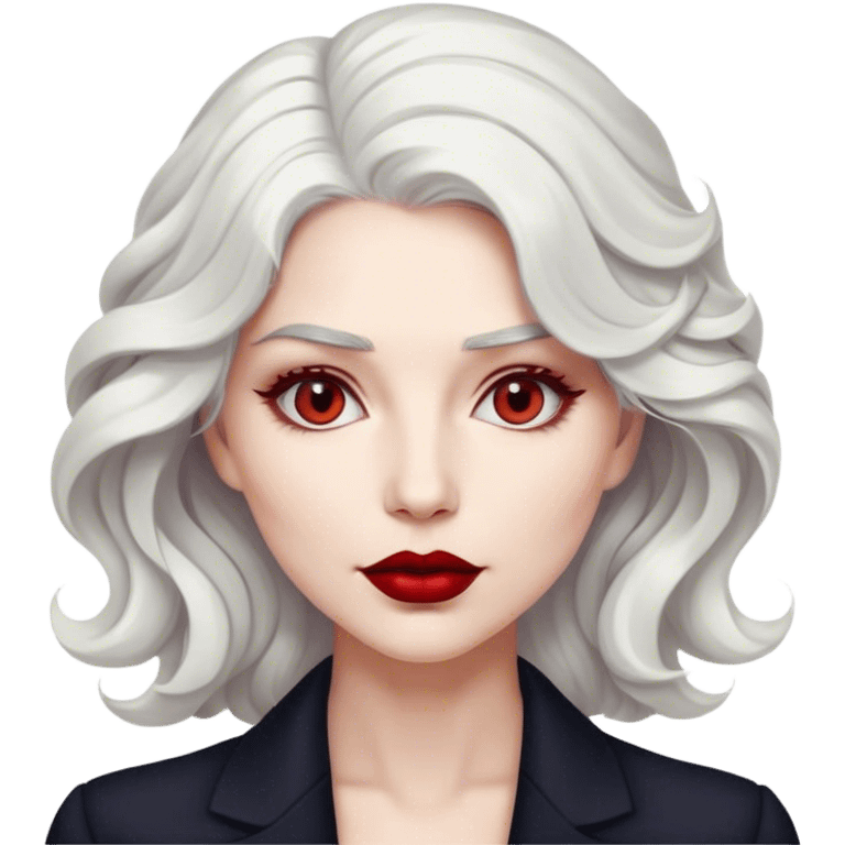 A detailed emoji of a stylish woman with wavy white hair, light gray eyes, and deep red lipstick. She has a confident and elegant expression, glossy and vibrant, resembling a modern digital emoji. emoji