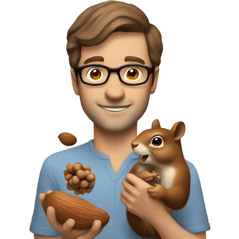 A man with brown hair, glasses and fair skin, feeds a squirrel with nuts emoji