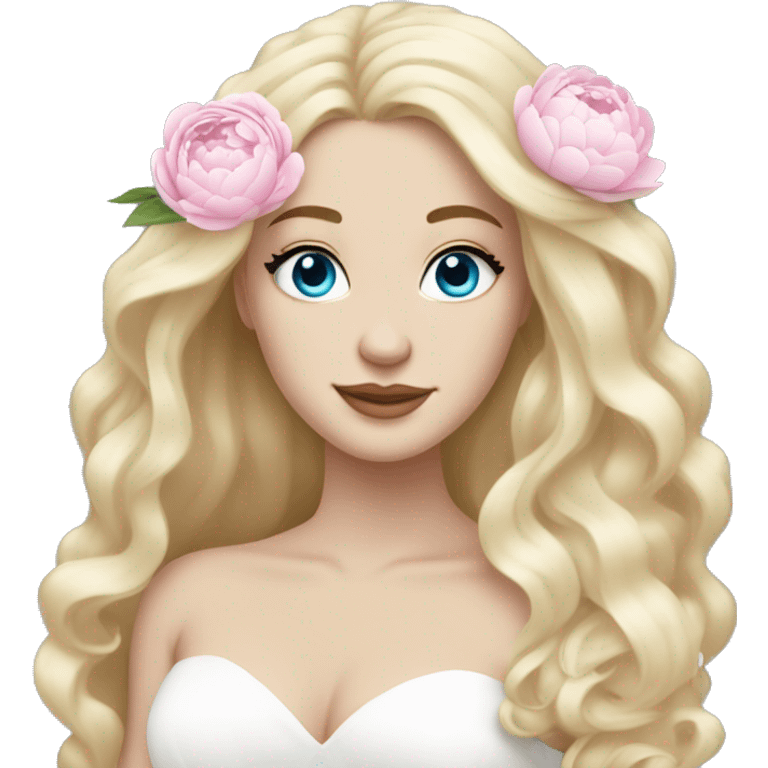 White bride with long light blonde hair and blue eyes with light pink peonies in hair white skin  emoji