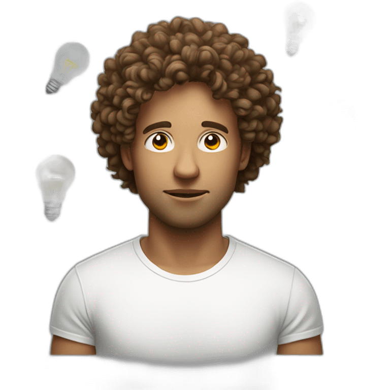 man curly hair with white tshirt thinking light bulb emoji