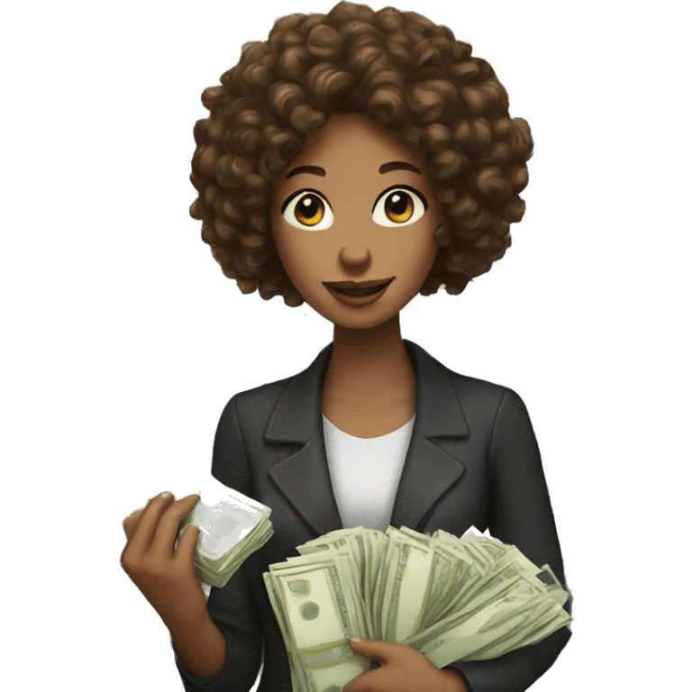 woman with brown curly hair holding lots of money emoji