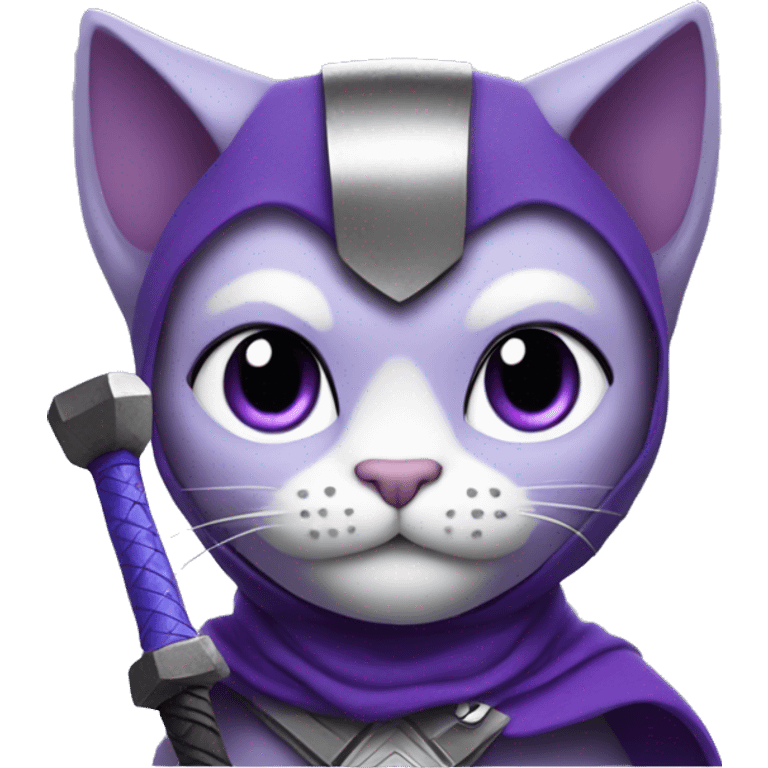 Purple cat in Thor costume and with hammer emoji