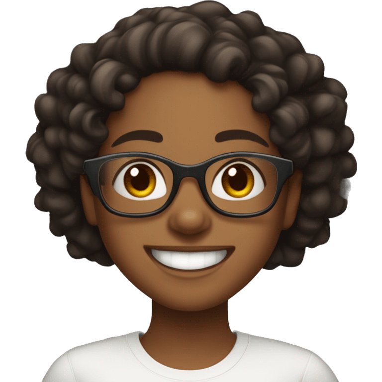 Brown skinned girl, with black curls in her hair, wearing glasses and has a big smile, she looks very happy, she has a white shirt on emoji