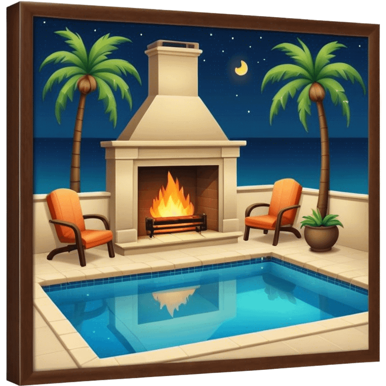 A pool at night with palm trees and  a fireplace  emoji