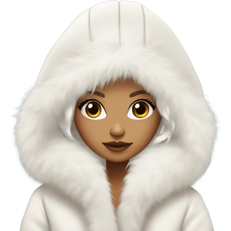 Tanned Girl with lashes , platinum blonde hair, in an extremely big fluffy oversized white fur coat with hood on. The fur is real and it’s very obvious big and fluffy like in Pinterest  emoji