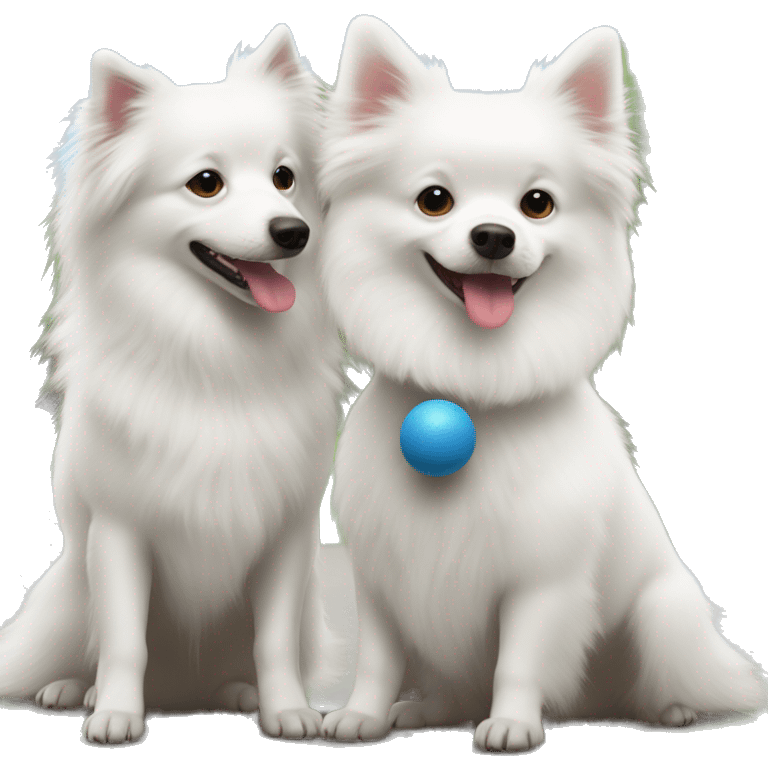 White Spitz with another white dog, taller than him, playing together with a ball emoji