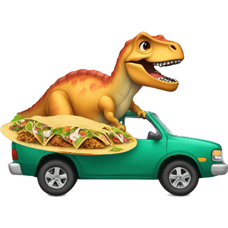 dinosaur in car with tacos emoji