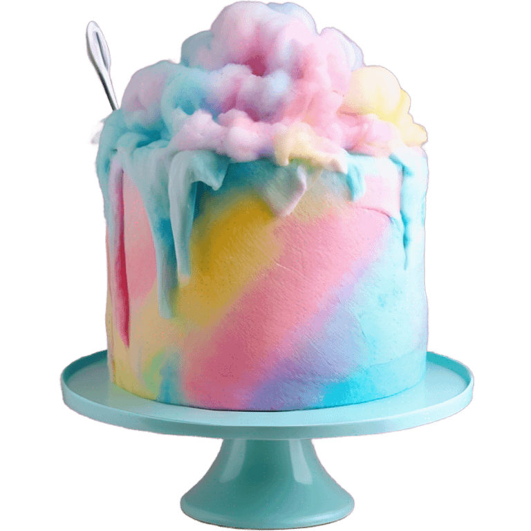 Realistic 5 layered cotton candy color pastel tie dye cake on cake stand with icing tool. emoji