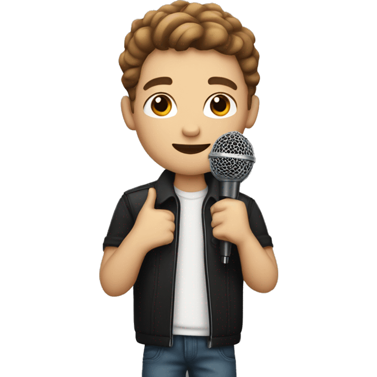 White boy with brown hair and tattoo on arms holding a microphone  emoji