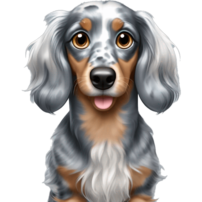 long haired dapple blue merle dachshund with one blue eye and one brown eye emoji