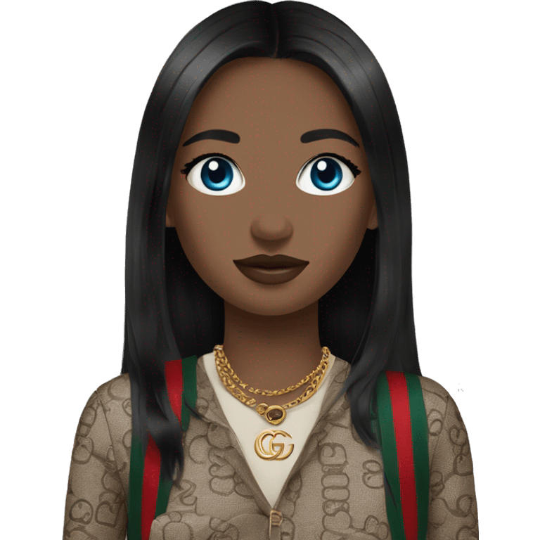 Girl with black hair and blue eyes wearing a gucci bag emoji