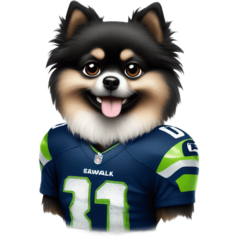 Black and white Pomeranian wearing Seahawks jersey emoji