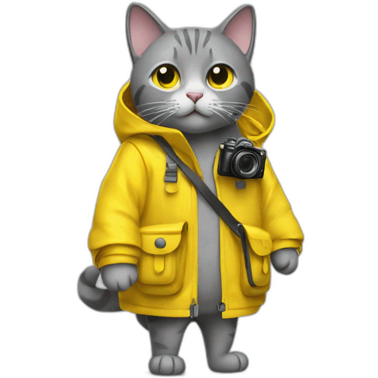 Grey cat with camera and a raincoat, yellow bagpack  emoji